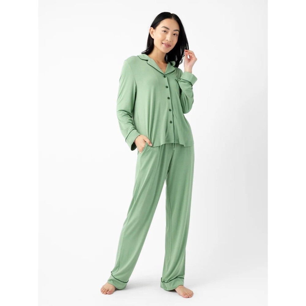 Cozy Earth Bamboo Stretch-Knit Long Sleeve & Pant Pajama Set Fern XS Top S Pant